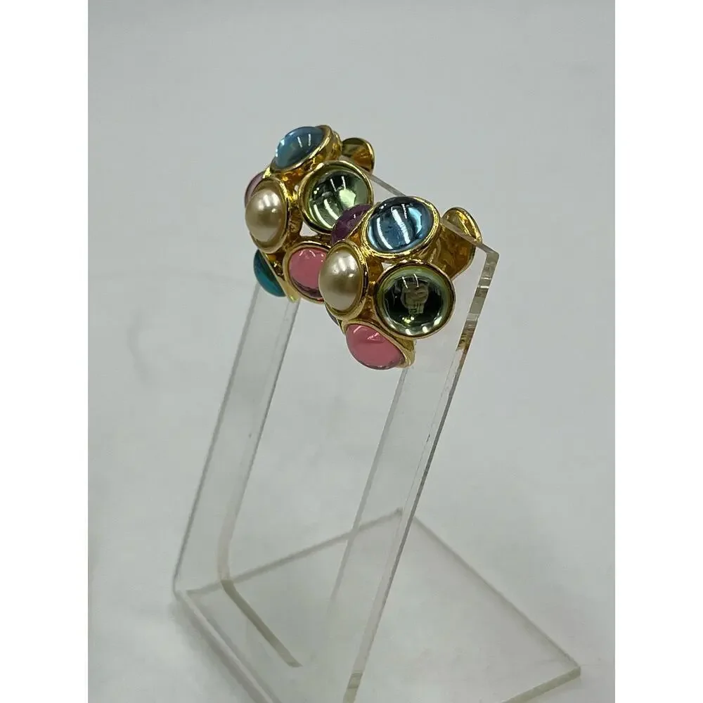 Vintage Pastel Colors Flower Cabochons Moon glow Clip On Gold‎ Tone Earrings